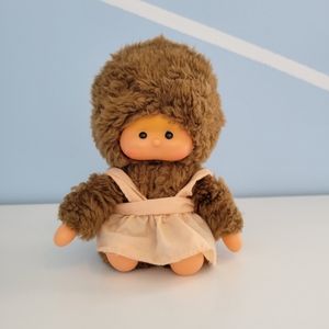 Monchhichi doll Vintage Rare Japanese Monchhichi with Tail and Pink Linen Apron